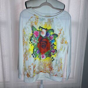 RUNWAY NWT Long Sleeve Scoop Neck White w/Floral Screen Print Sweatshirt S